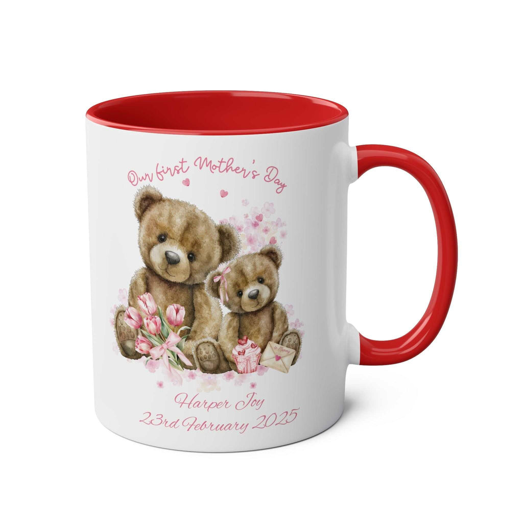 Personalised Our First Mother's Day mug with teddy bear, baby’s name, and birth date design