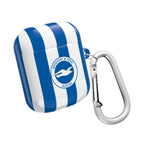 Brighton FC AirPods protective case with blue and white stripes and seagulls crest, durable and shock-resistant design with carabiner clip.