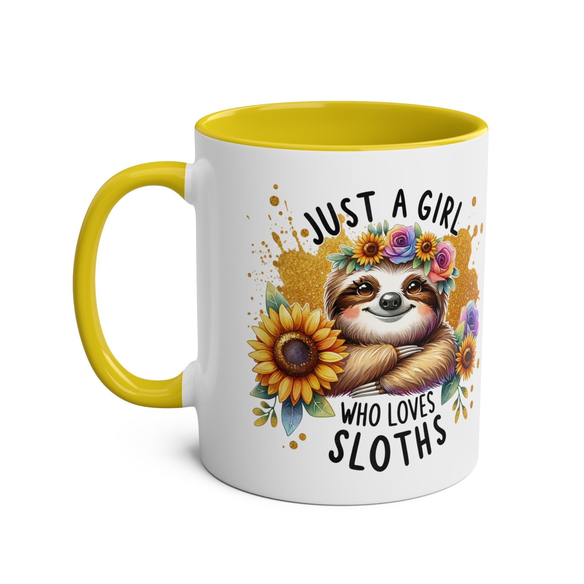 Yellow and white cute sloth coffee mug with floral design and playful text.