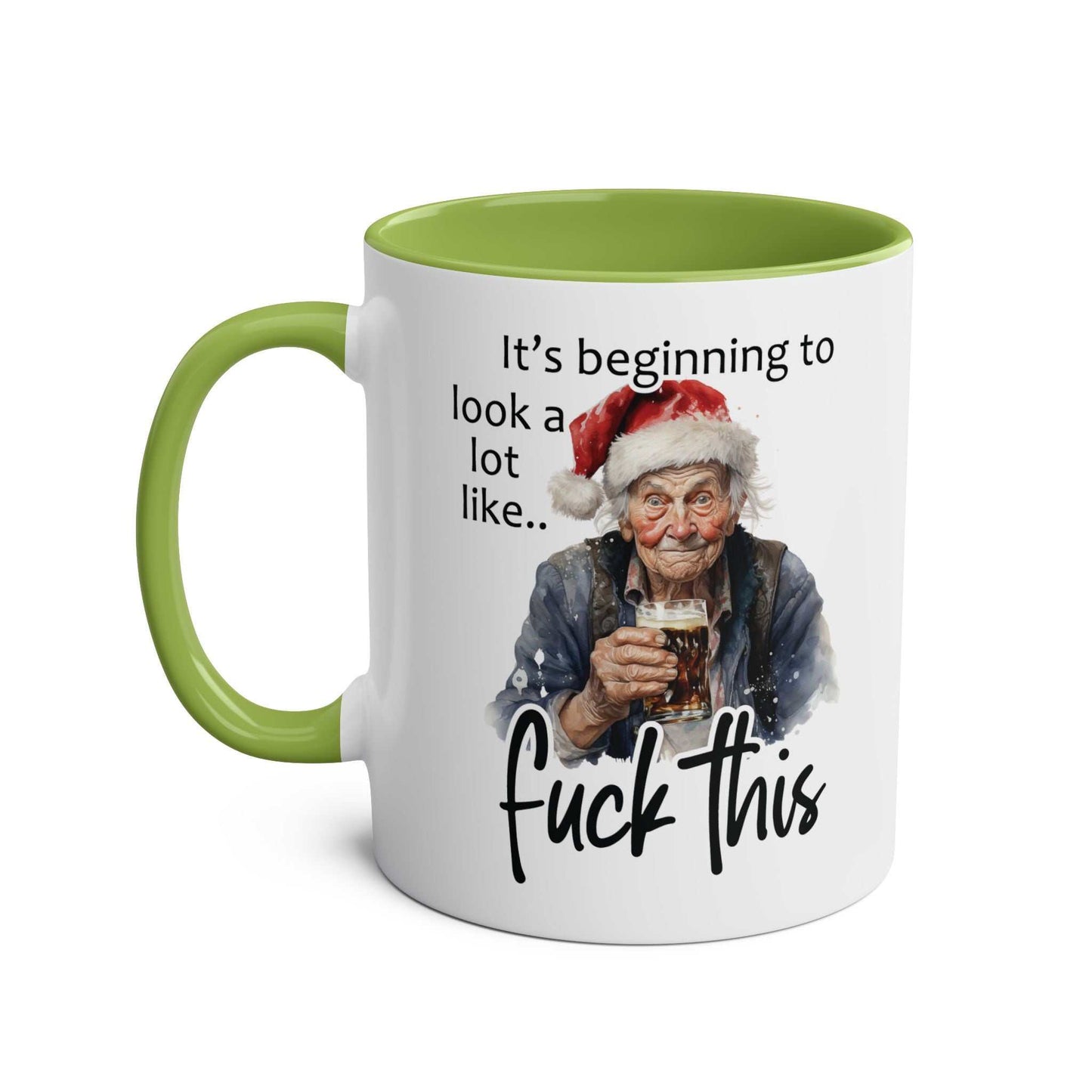 Sweary Granny Christmas Mug with cheeky festive design, green handle, 11oz ceramic, microwave and dishwasher safe.