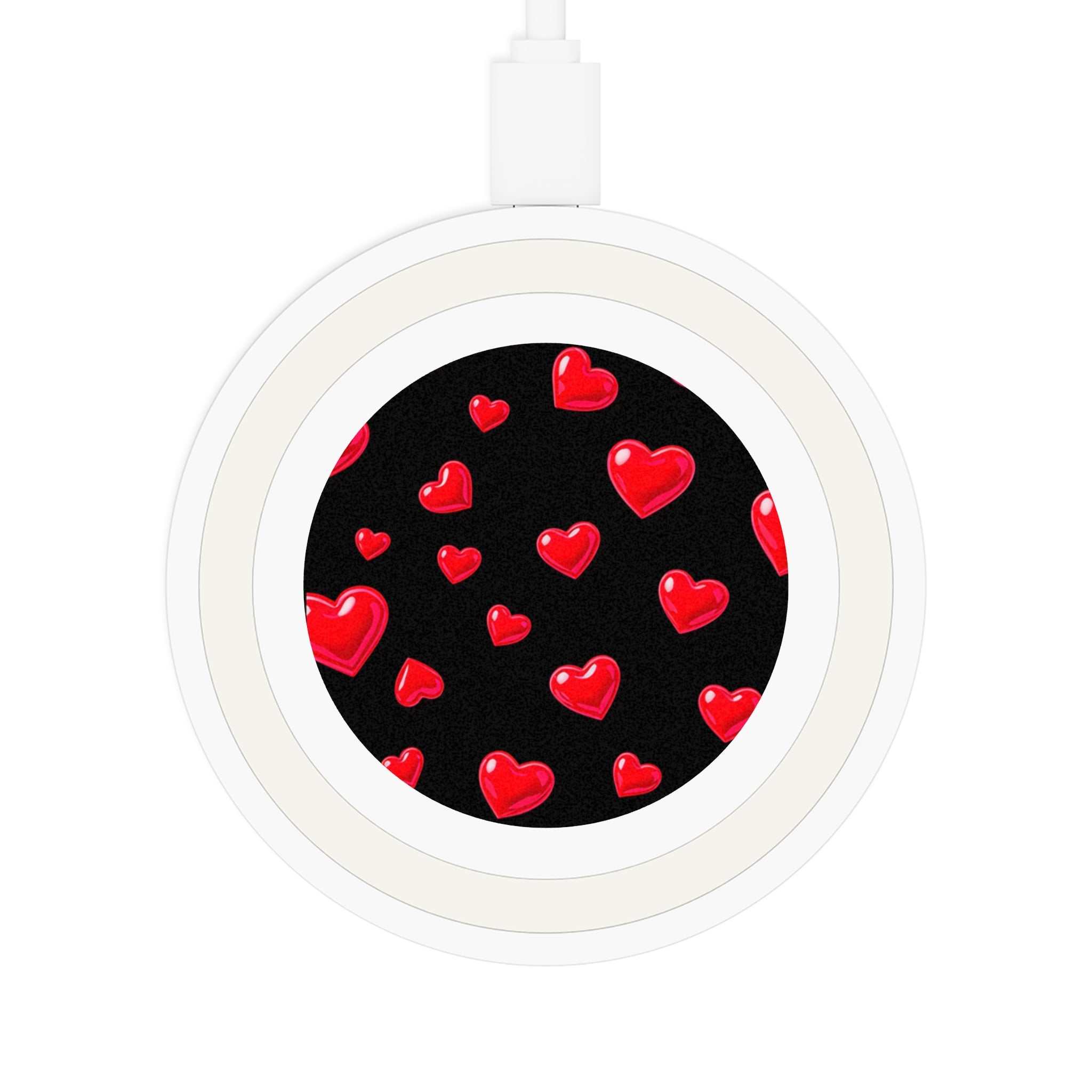 Black Hearts Design 5W wireless charging pad with red hearts on black background, compact and durable for multiple devices