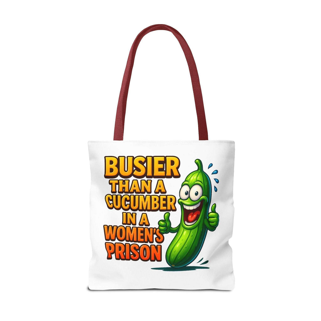 Busier Than a Cucumber Tote Bag with cheeky design, durable spun polyester, reusable and available in three sizes with colorful handles