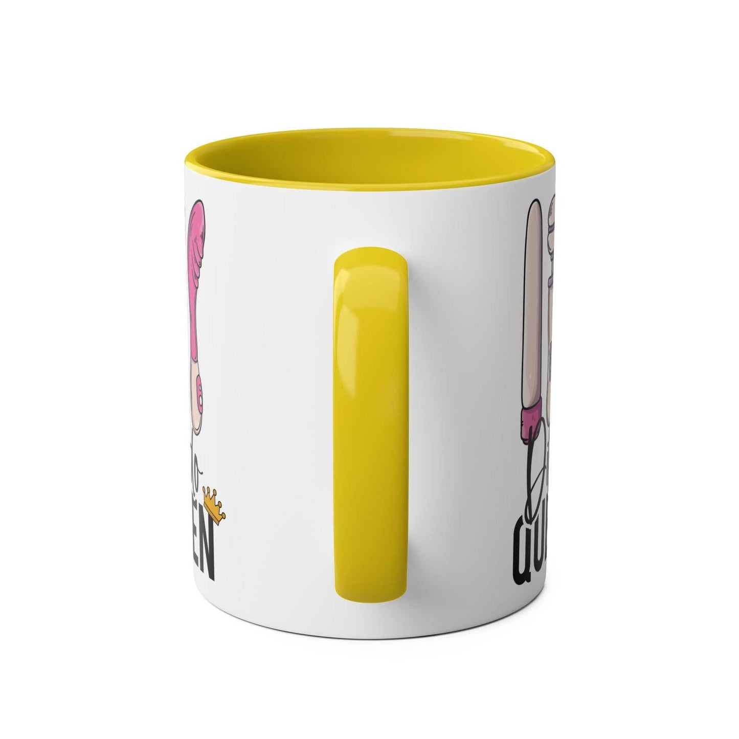 Dildo Queen Coffee Mug with yellow handle and cheeky graphic design.