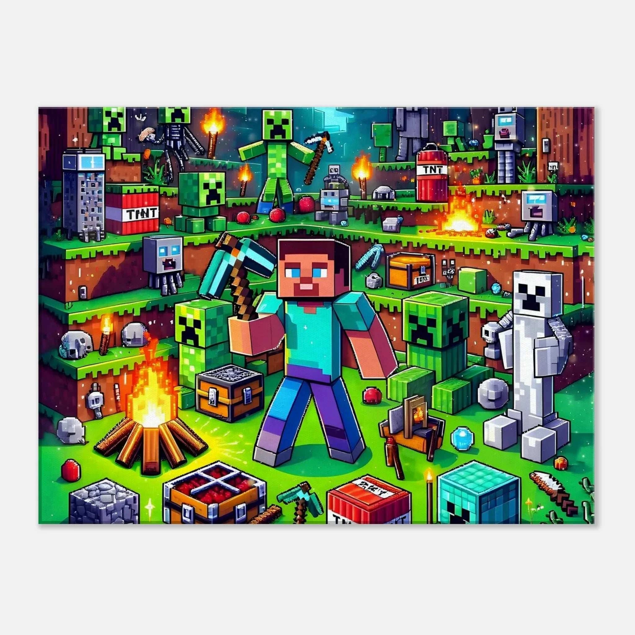 Minecraft Wall Canvas featuring vibrant pixel art with iconic game scenes, perfect for fans and creative spaces.