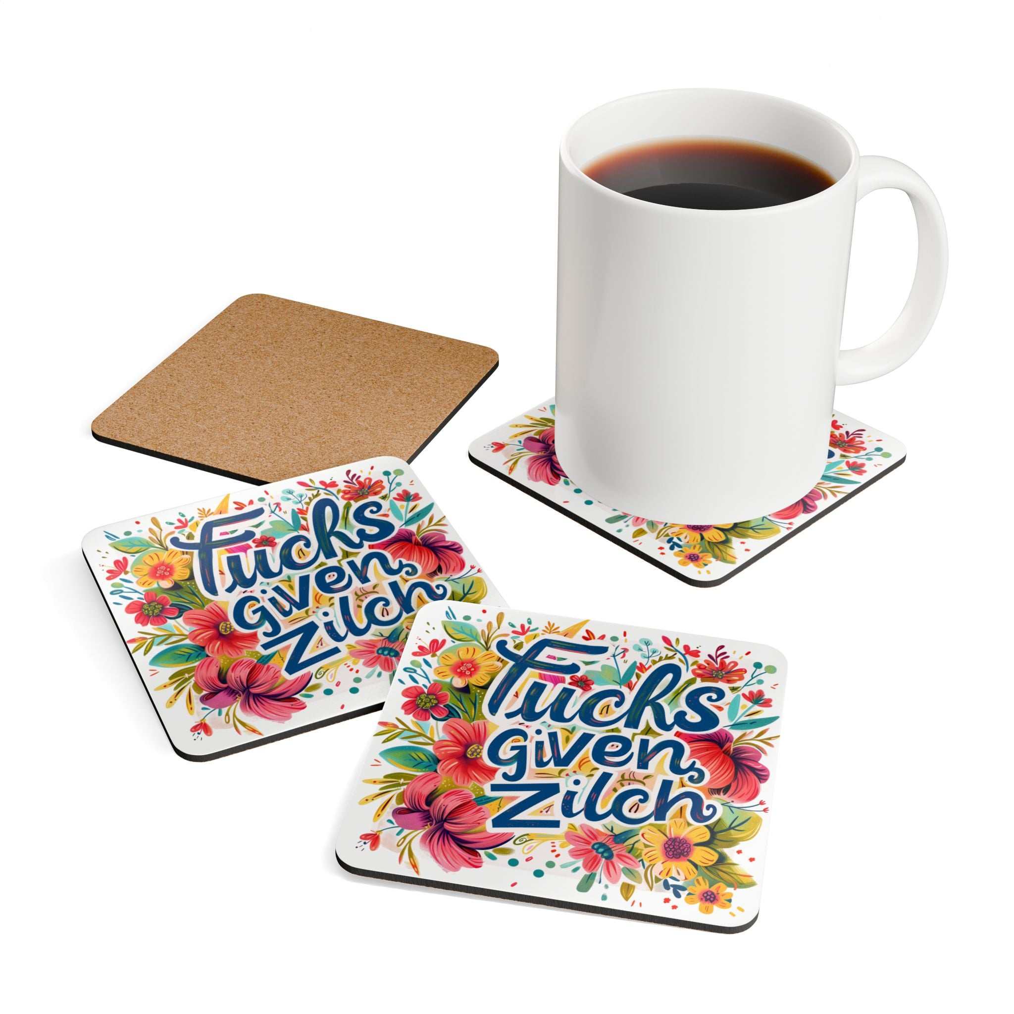 Cheeky Fucks Given Zilch Coaster Set with floral design and coffee mug.