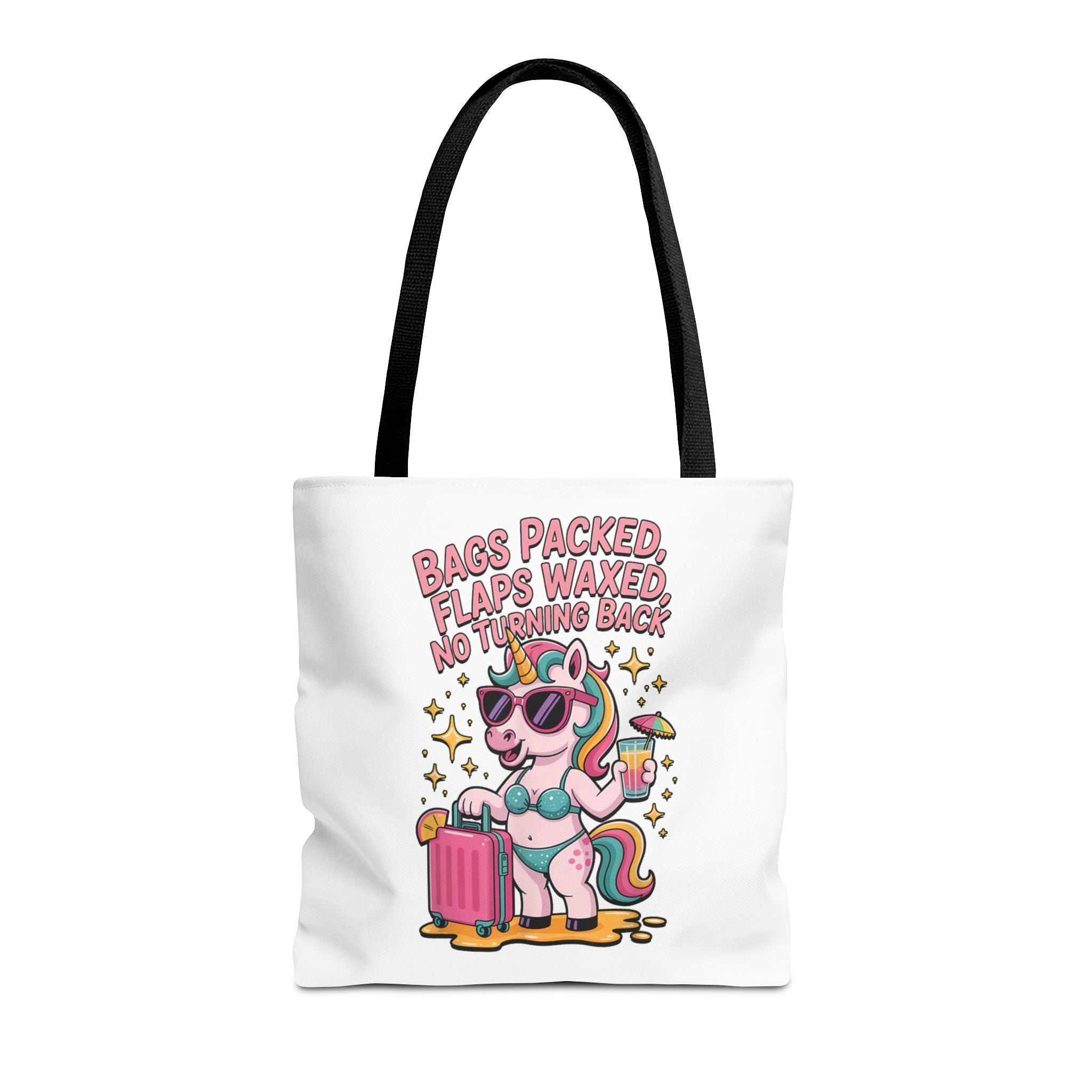 Fun unicorn travel tote bag with cheeky design and colorful handles, durable and reusable