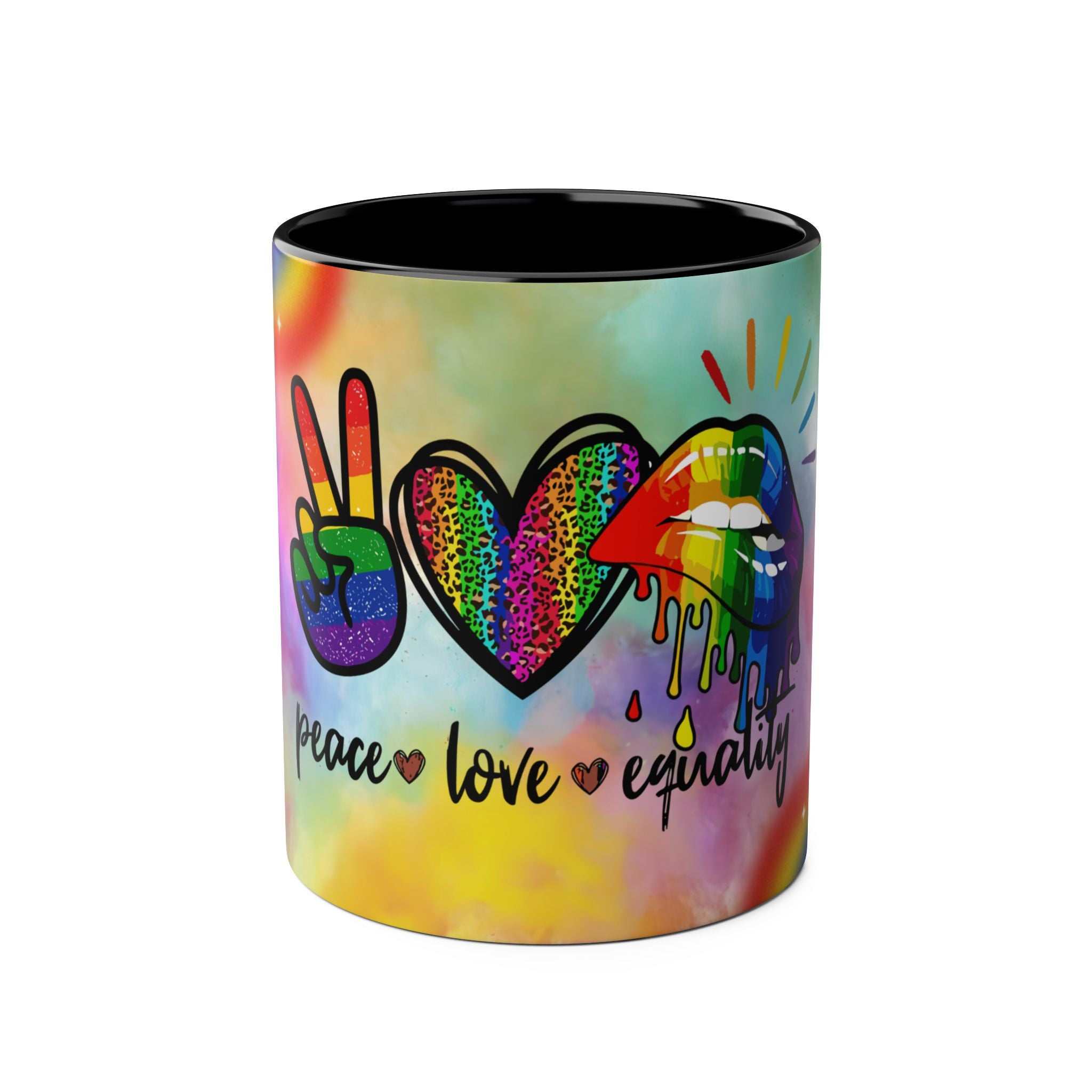 Vibrant LGBTQ+ Pride mug with rainbow design and peace, love, equality symbols.