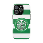 Celtic MagSafe iPhone case with green and white stripes and football club crest, dual-layer protection, compatible with wireless charging