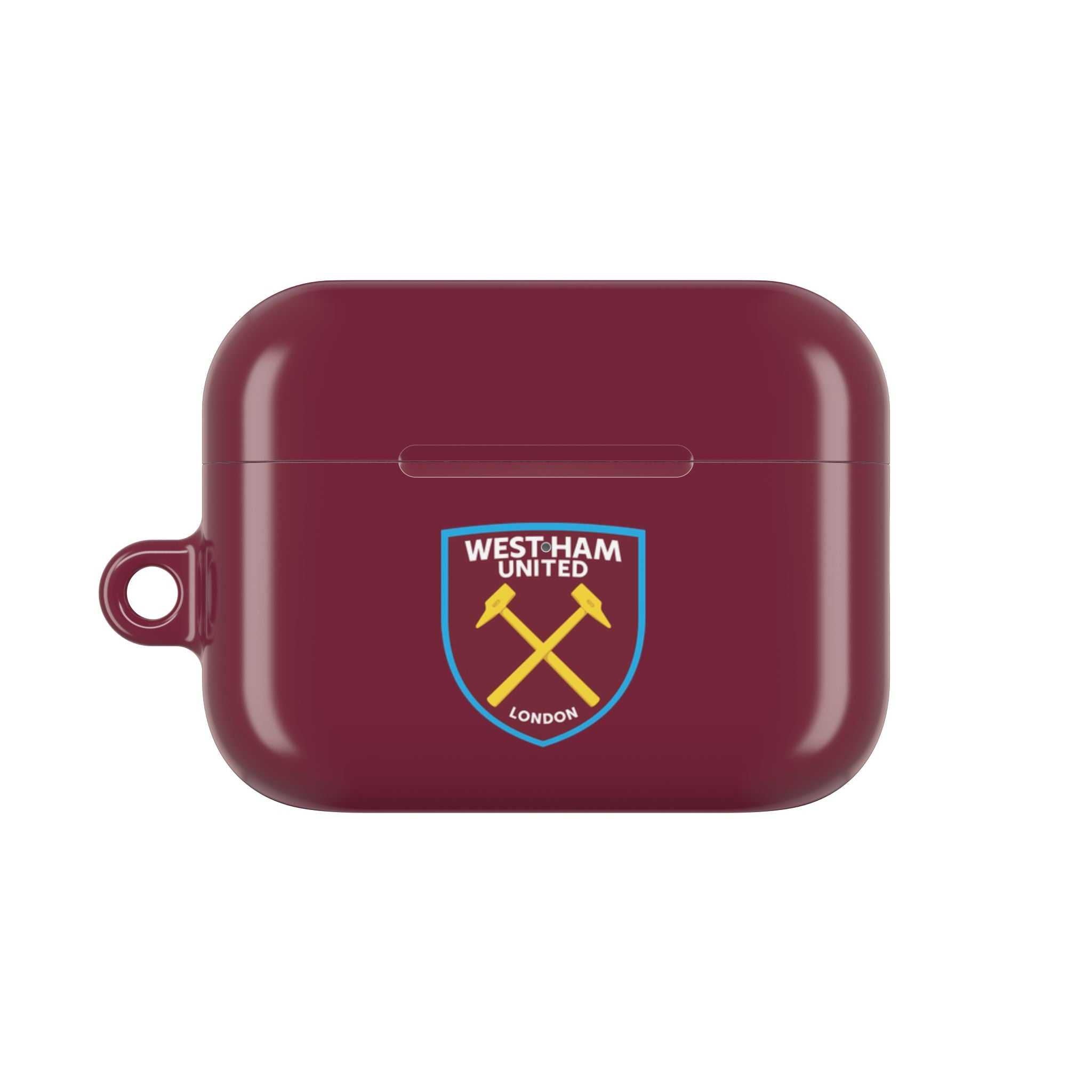 West Ham Utd FC protective AirPods case with claret and blue colors and crossed hammers crest