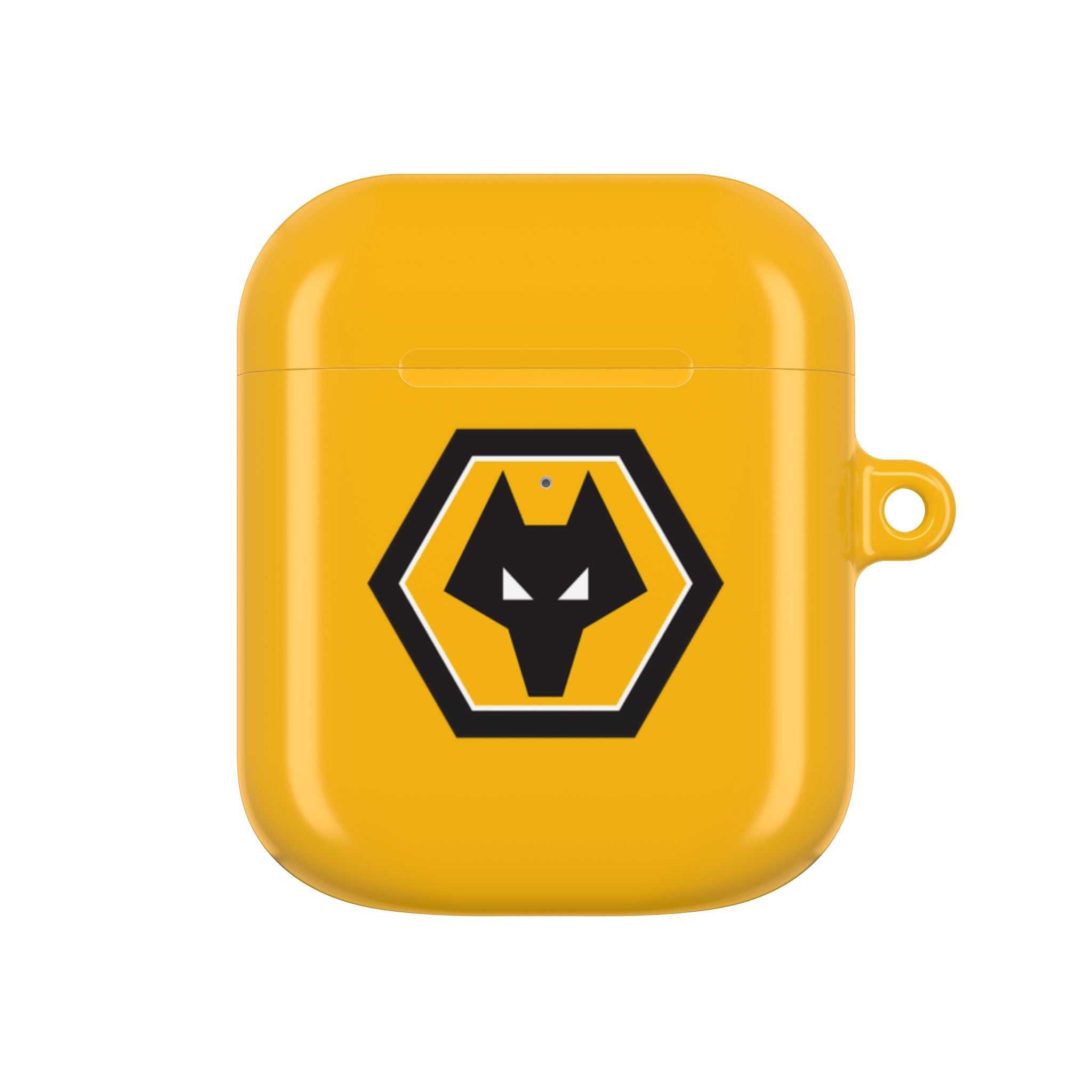 Wolves FC AirPods protective case in gold with black wolf crest, shock-resistant and wireless charging compatible