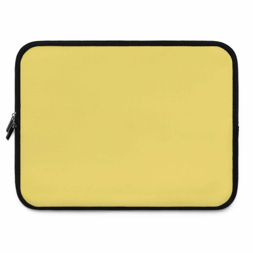 Lemon yellow neoprene laptop sleeve with black trim, soft foam lining, dual zipper, lightweight and waterproof design for 13 to 17 inch laptops.