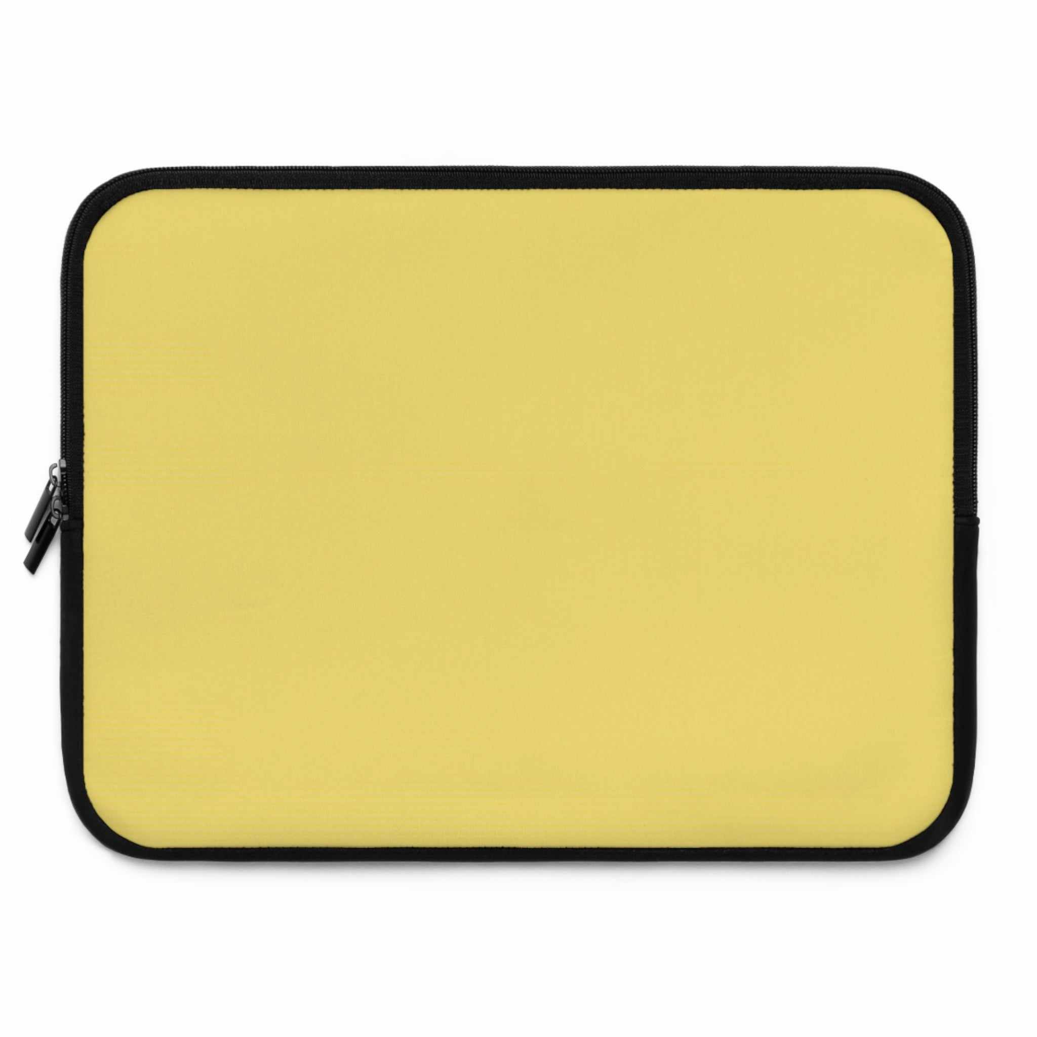 Lemon yellow neoprene laptop sleeve with black trim, soft foam lining, dual zipper, lightweight and waterproof design for 13 to 17 inch laptops.