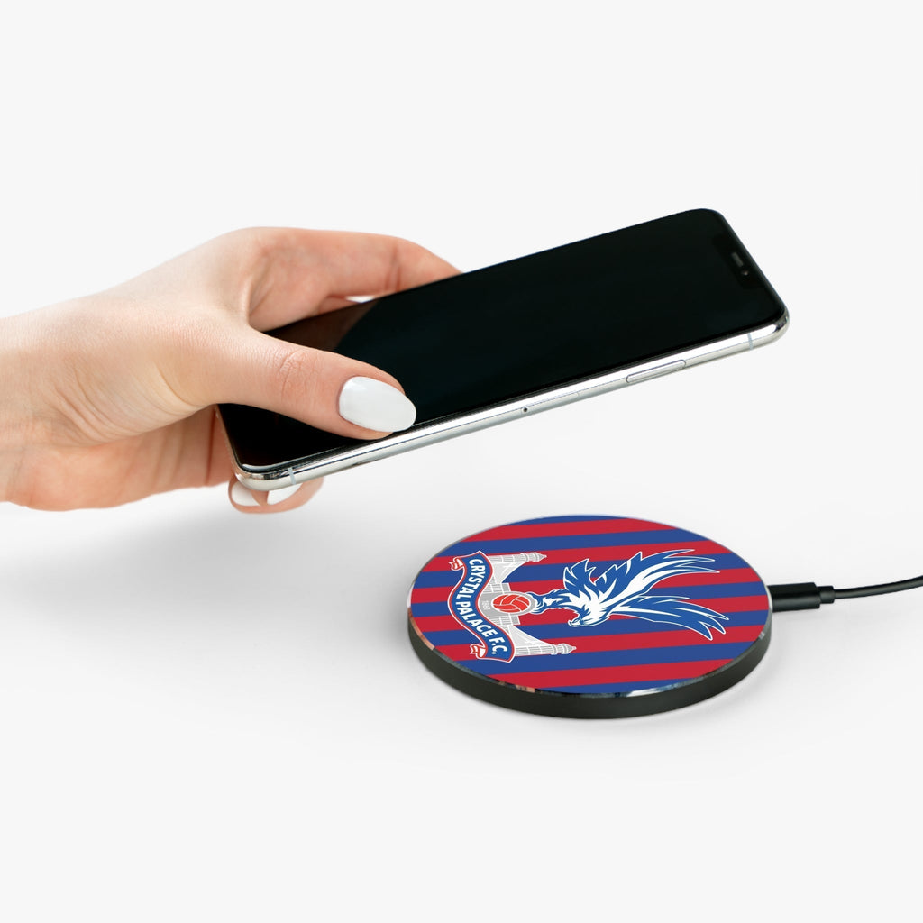 Crystal Palace Wireless Charger with team colors and crest, 10W fast charging, durable aluminum casing, acrylic faceplate, non-slip base, compatible with Qi phones.