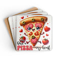 Pizza My Heart Coaster Set with pizza slice design, high-gloss top, cork back, and rounded corners