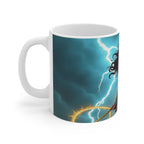 White ceramic Wonder Woman coffee mug with superhero design, glossy finish, 11oz capacity, microwave and dishwasher safe