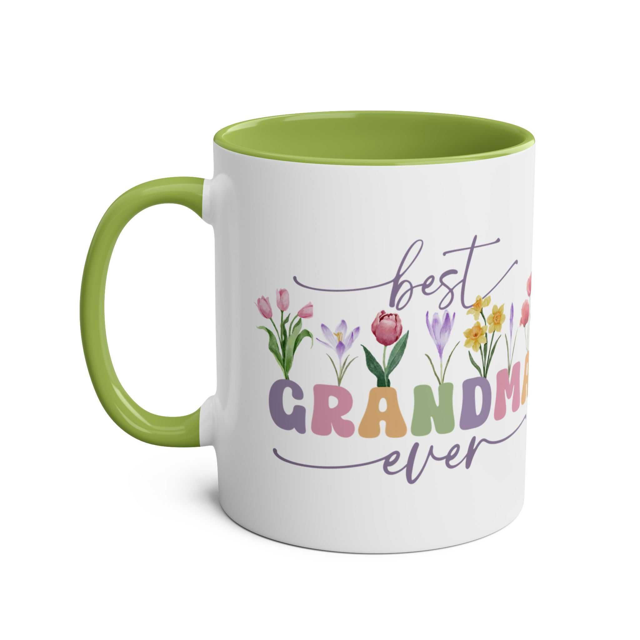 Best Grandma Ever Mother's Day gift mug with floral design, green handle and interior.