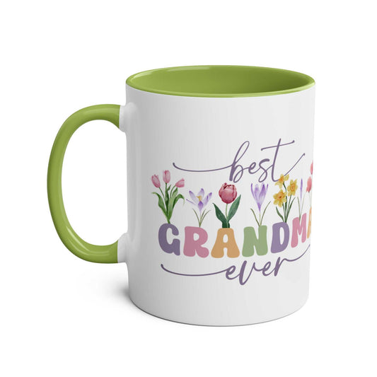 Best Grandma Ever Mother's Day gift mug with floral design, green handle and interior.