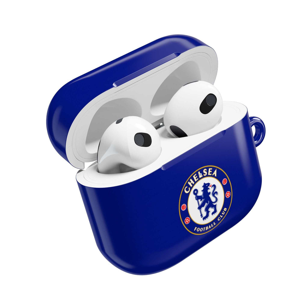 Chelsea FC AirPods protective case in royal blue with club crest, shock-resistant and wireless charging compatible