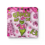 Grinch Mode Christmas Coaster Set featuring grumpy Grinch design with high-gloss MDF top and cork back.