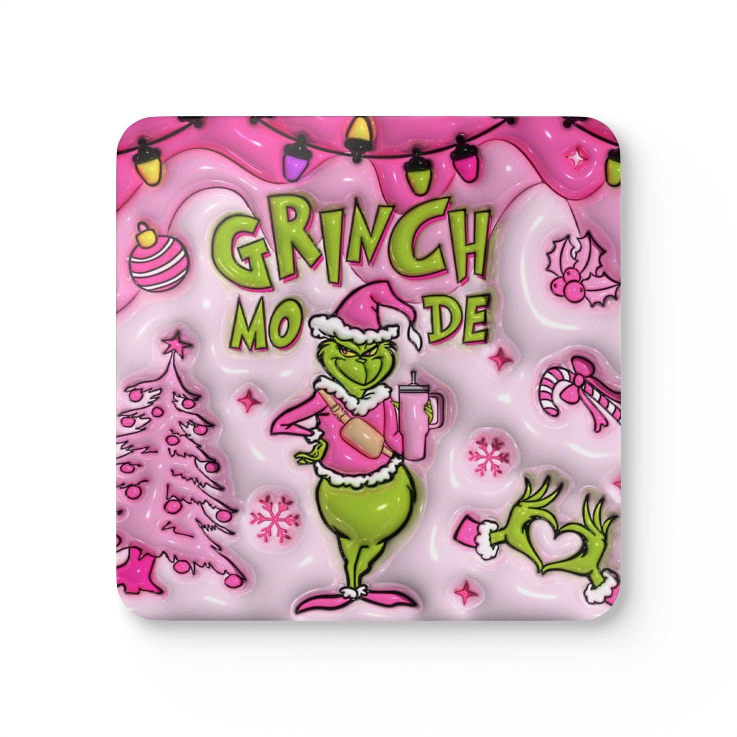 Grinch Mode Christmas Coaster Set featuring grumpy Grinch design with high-gloss MDF top and cork back.