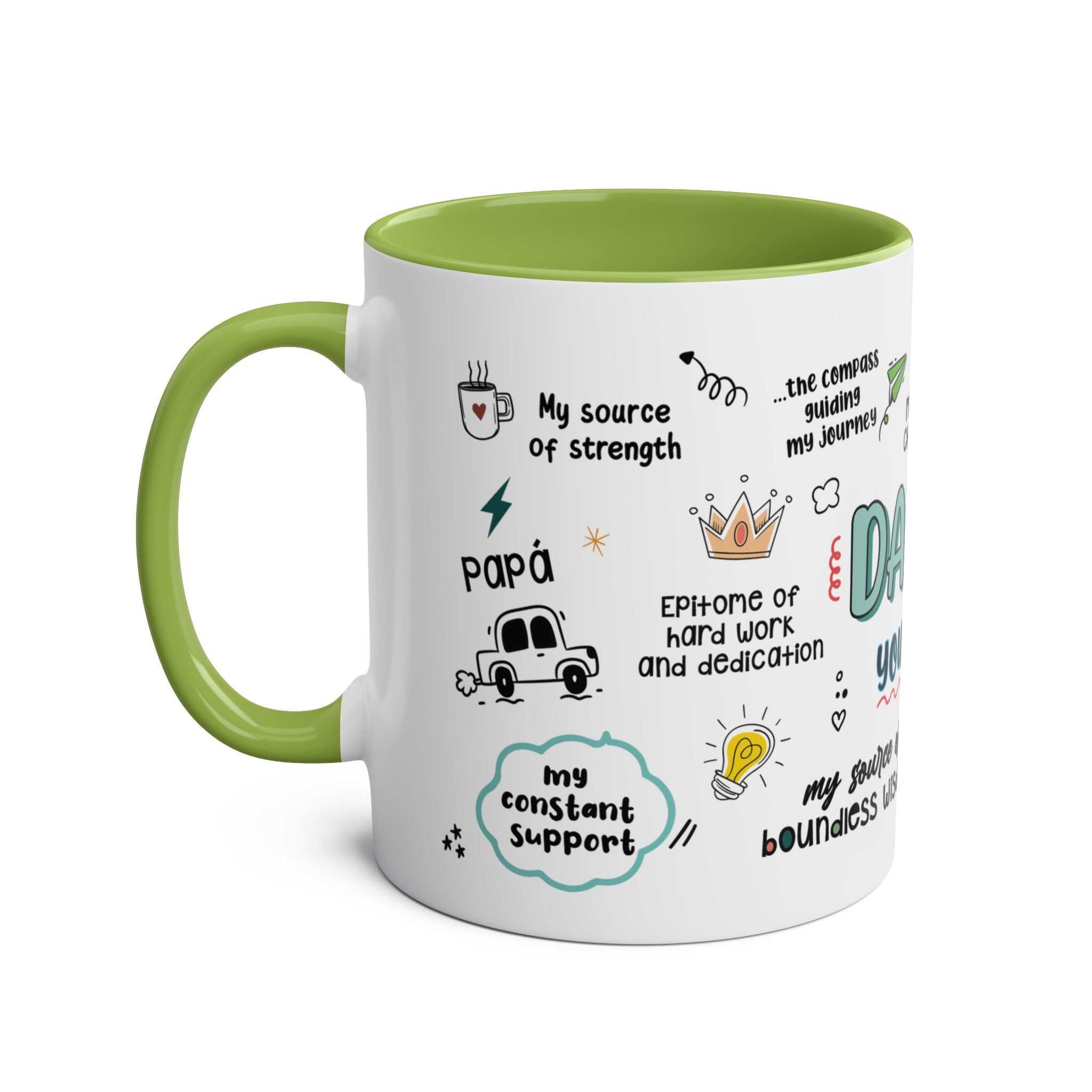 Fathers Day Gift Mug with green interior and handle, featuring playful dad-themed designs.