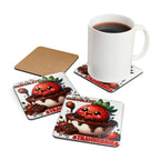 Chocolate & Strawberries Coaster Set with cute design, high-gloss MDF top, cork back, and cup of coffee.