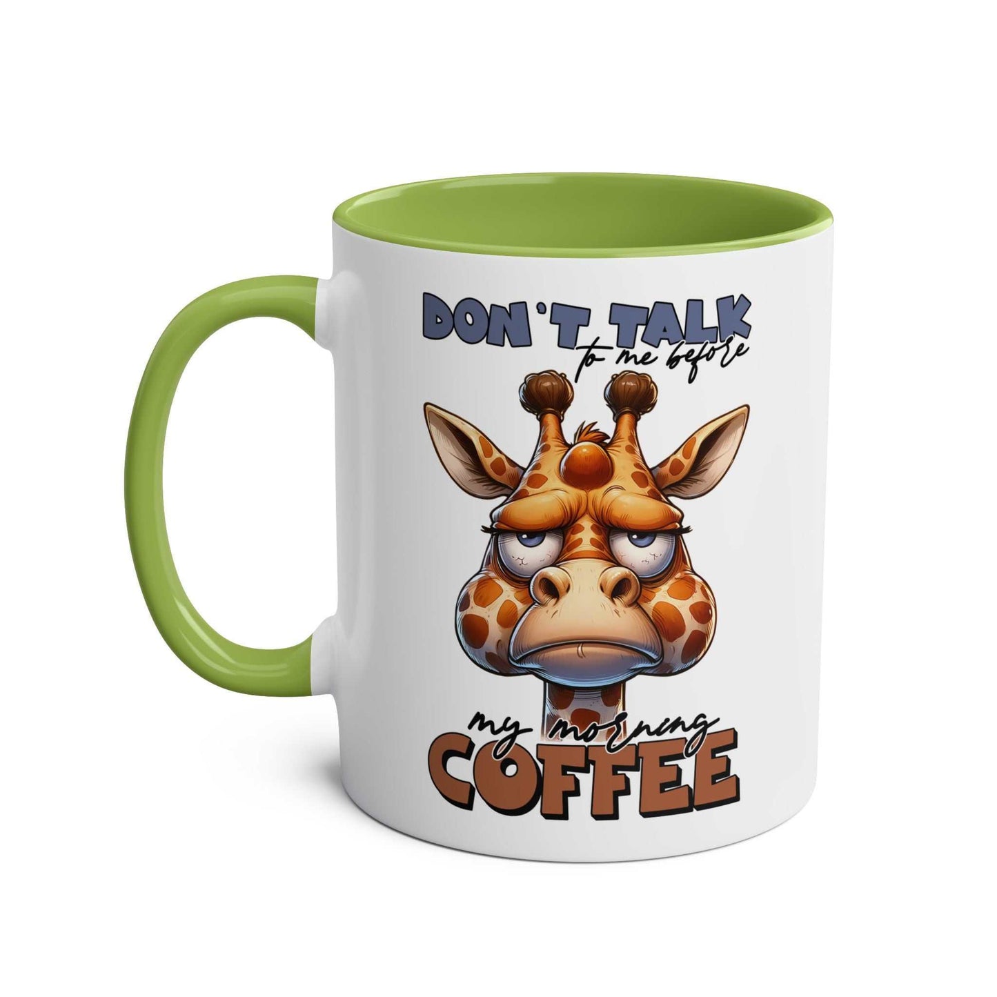 Dont Talk To Me coffee mug with grumpy giraffe design, available in seven colors, glossy finish, ceramic, microwave and dishwasher safe.