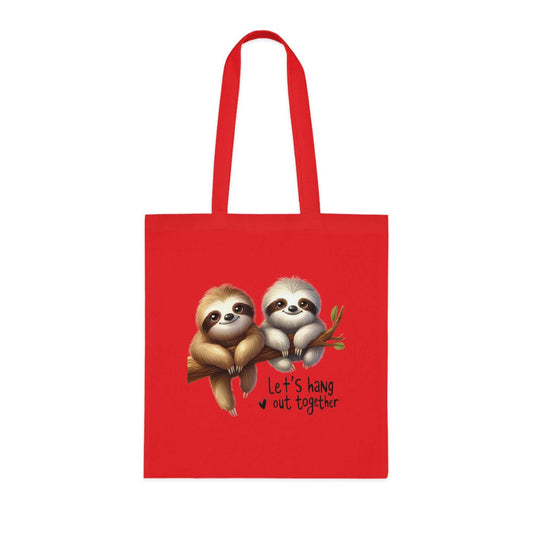 Cute sloth tote bag with playful design, vibrant colors, 100% cotton fabric.