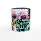 Good Things Are Coming motivational coffee mug with vibrant floral design and inspirational quote.
