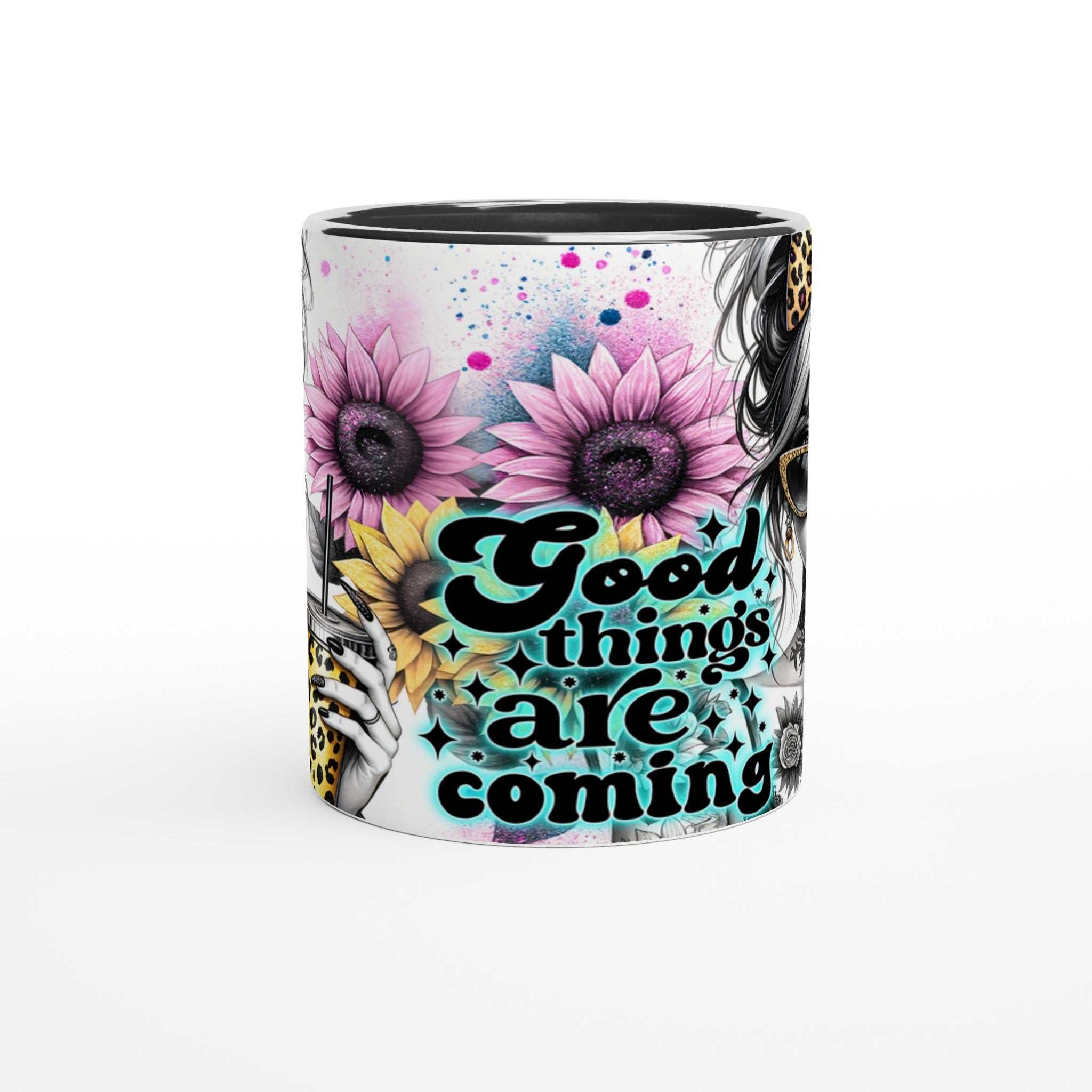 Good Things Are Coming motivational coffee mug with vibrant floral design and inspirational quote.