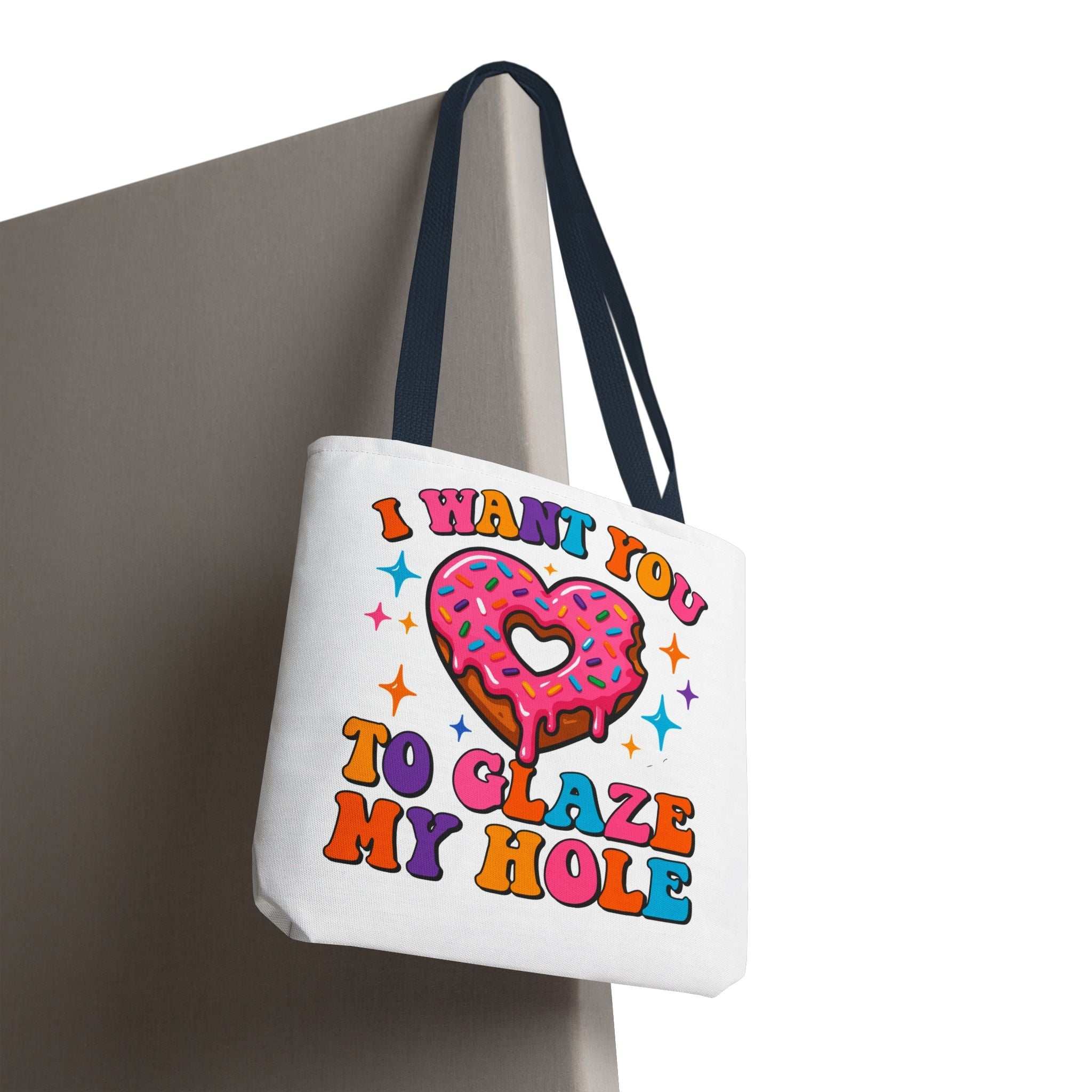 Glaze My Hole Donut Tote Bag with cheeky donut design and colorful handles in three sizes