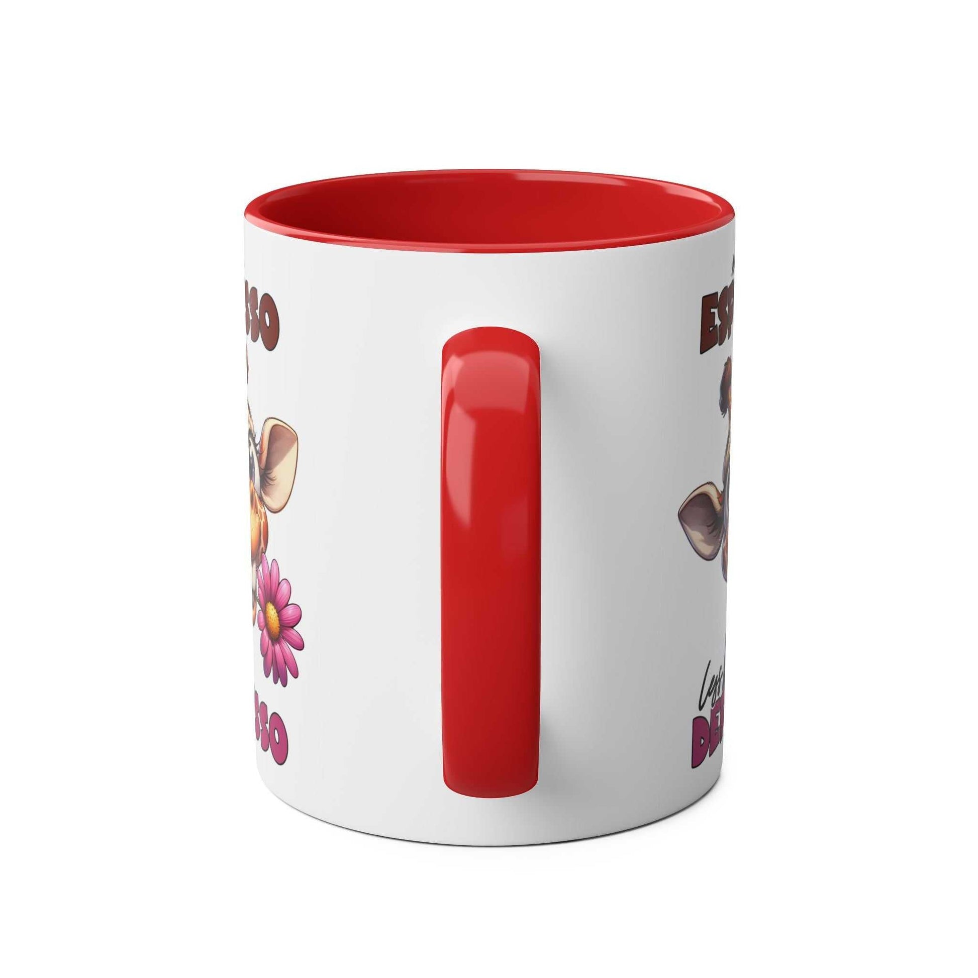 Giraffe design coffee mug with red handle and glossy finish. Available in 7 colors, 11oz ceramic, microwave and dishwasher safe.