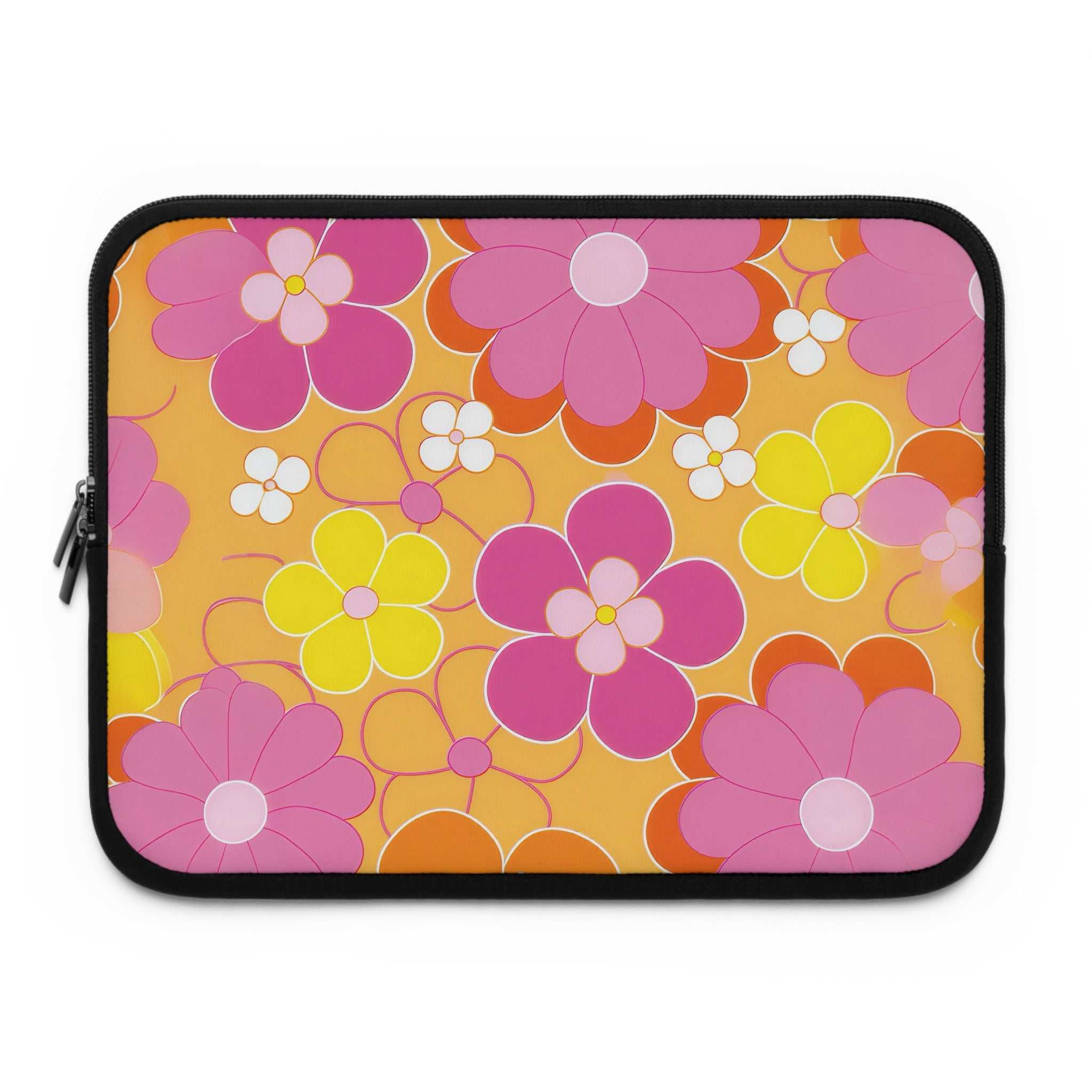 Retro floral laptop sleeve with pink, yellow, and orange flowers on an orange background, neoprene material with dual zipper protection