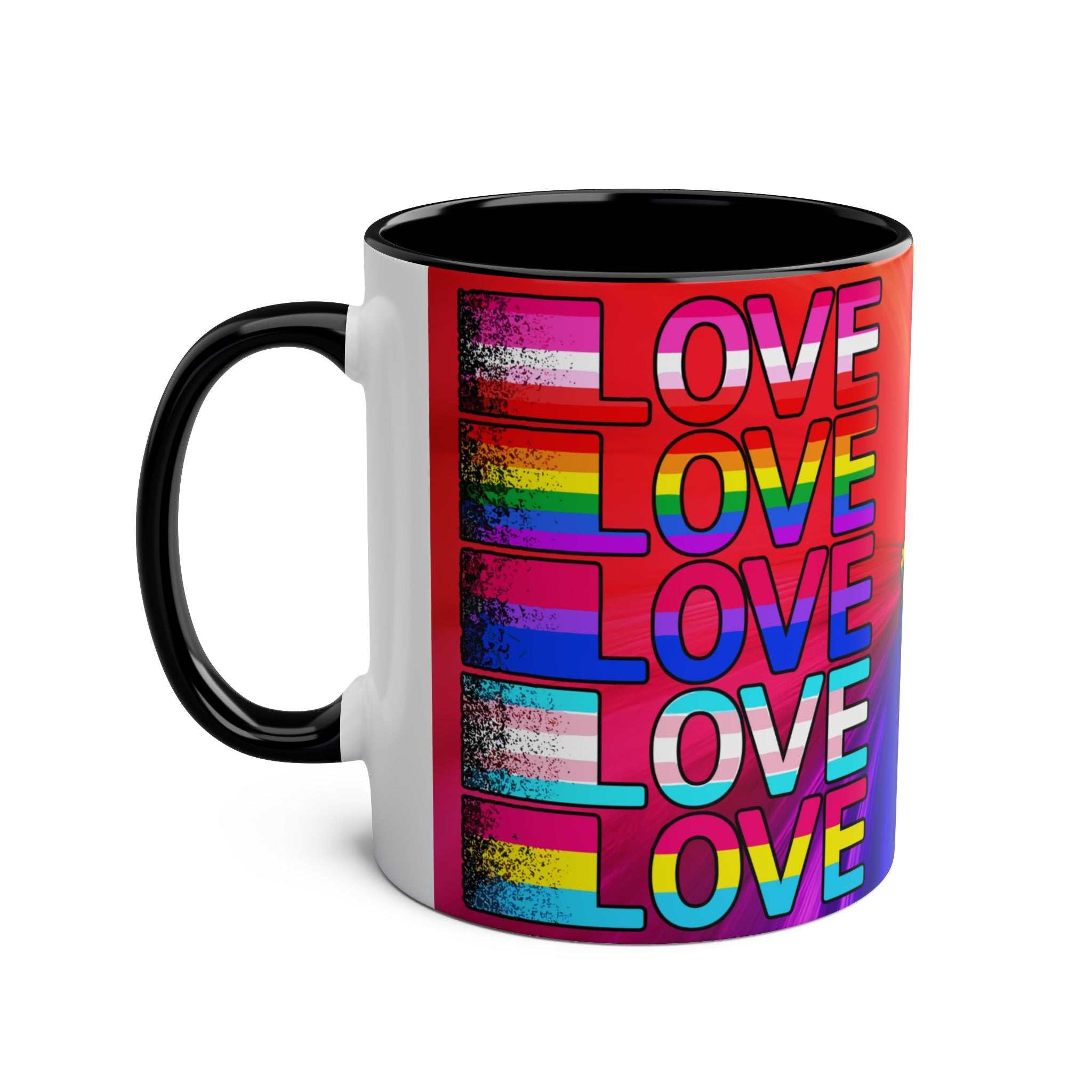 LGBTQ+ Pride Mug with rainbow design and "LOVE" text, 11oz ceramic, microwave and dishwasher safe.
