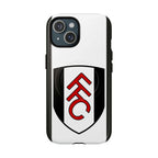 Fulham FC MagSafe iPhone case with club crest, black and white colors, dual-layer protection, and wireless charging compatibility