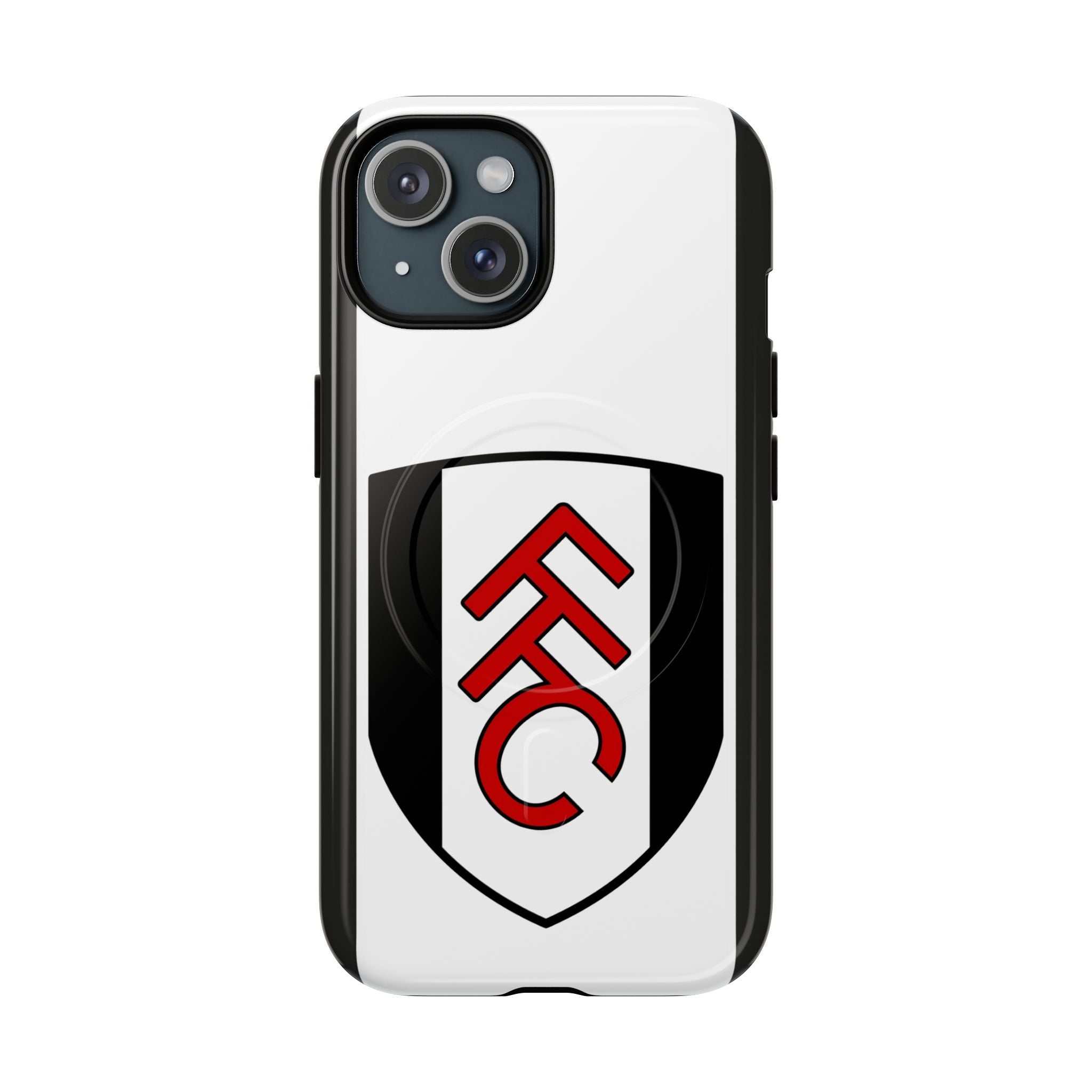 Fulham FC MagSafe iPhone case with club crest, black and white colors, dual-layer protection, and wireless charging compatibility