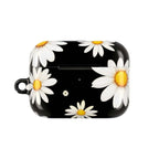 Black Daises AirPods protective case with vibrant daisy design on black background, durable hard shell for AirPods and AirPods Pro.