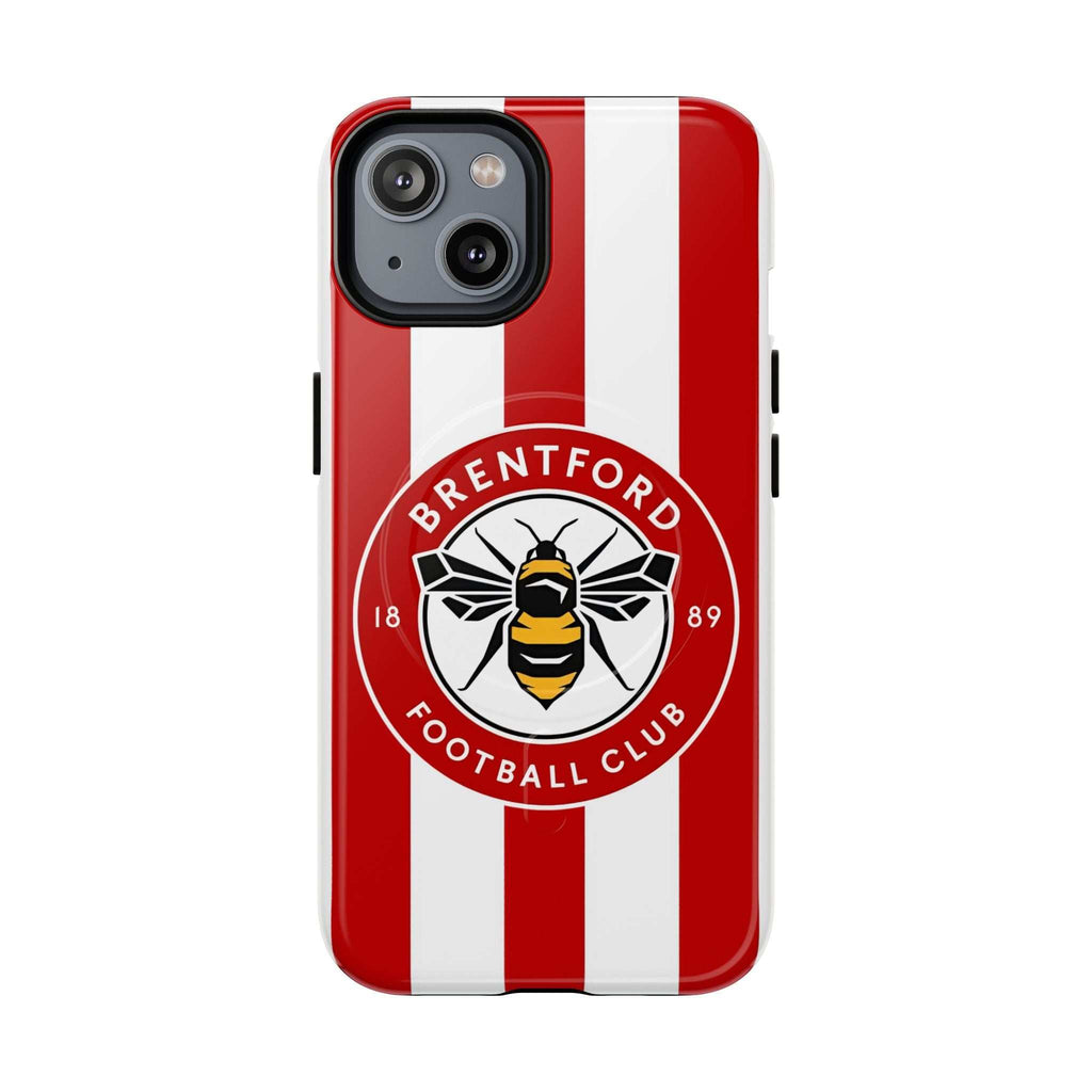 Brentford FC MagSafe iPhone case with red and white stripes and bee crest, dual layer protection and MagSafe compatibility