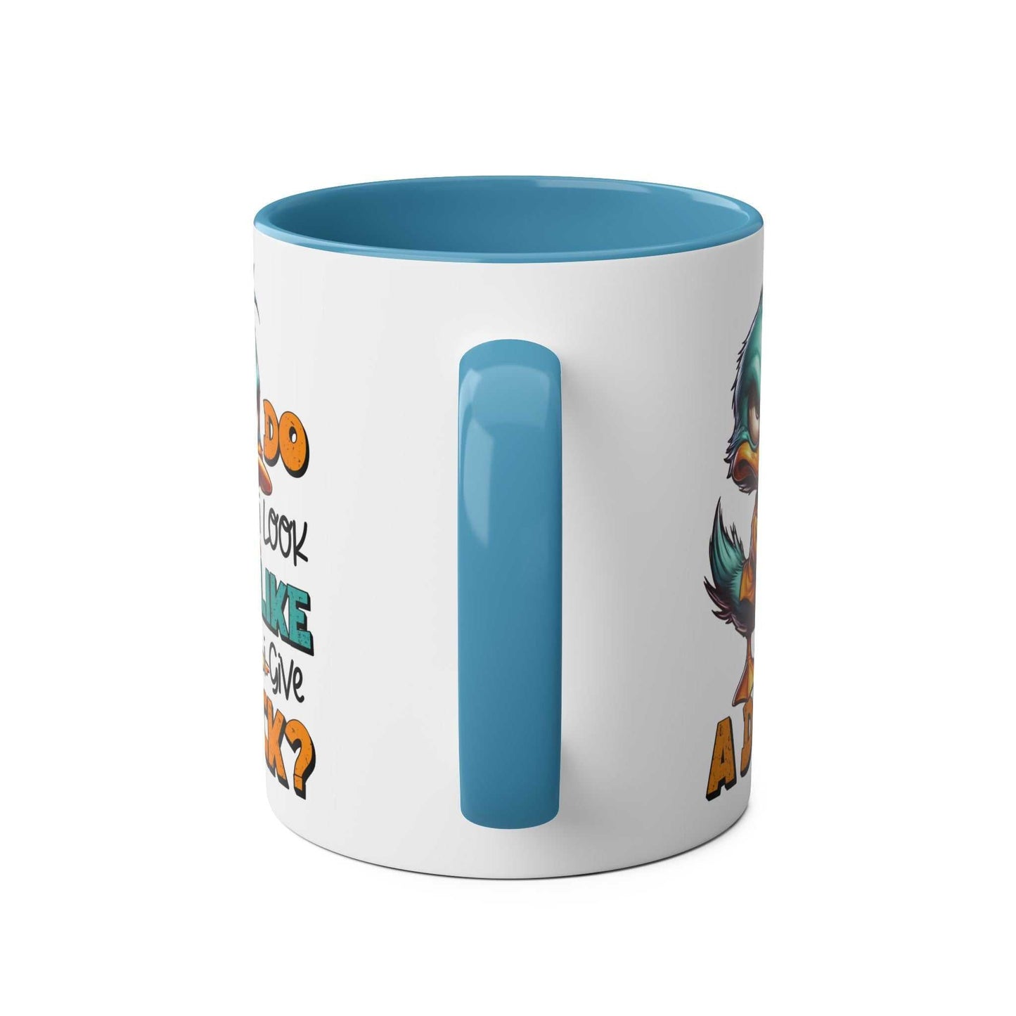 Playful duck design coffee mug with blue handle and interior.