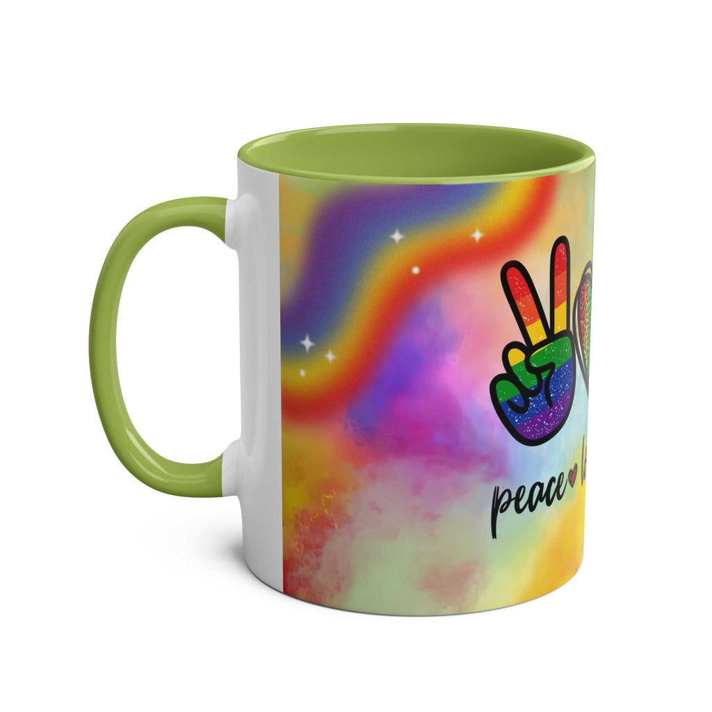 LGBTQ+ Pride Mug with rainbow design and peace sign on a vibrant background.