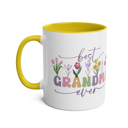Best Grandma Ever Mother's Day mug with floral design, yellow handle, and interior.