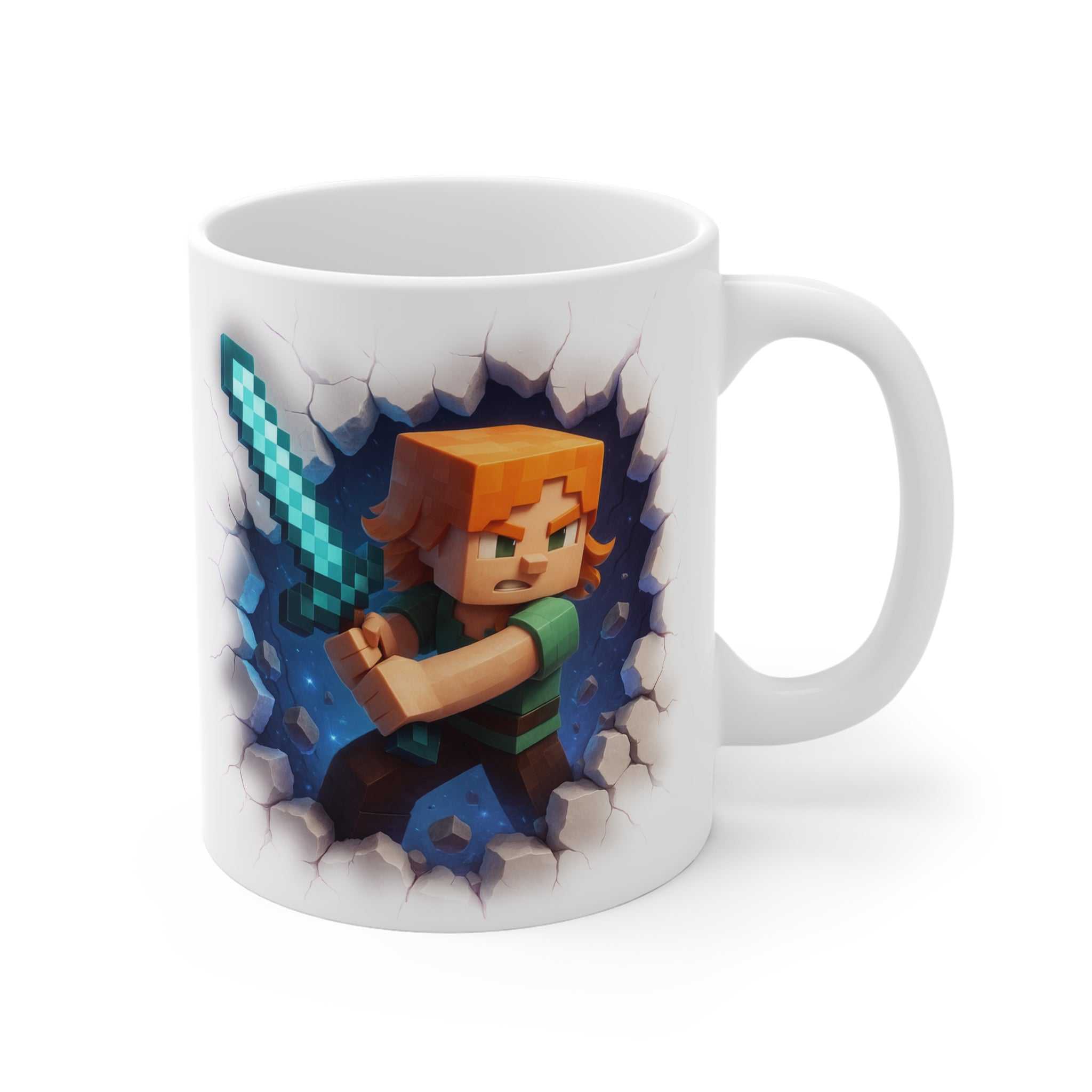 White ceramic mug with Minecraft Alex character holding a pixelated sword in a broken wall design, 11oz glossy finish, microwave and dishwasher safe