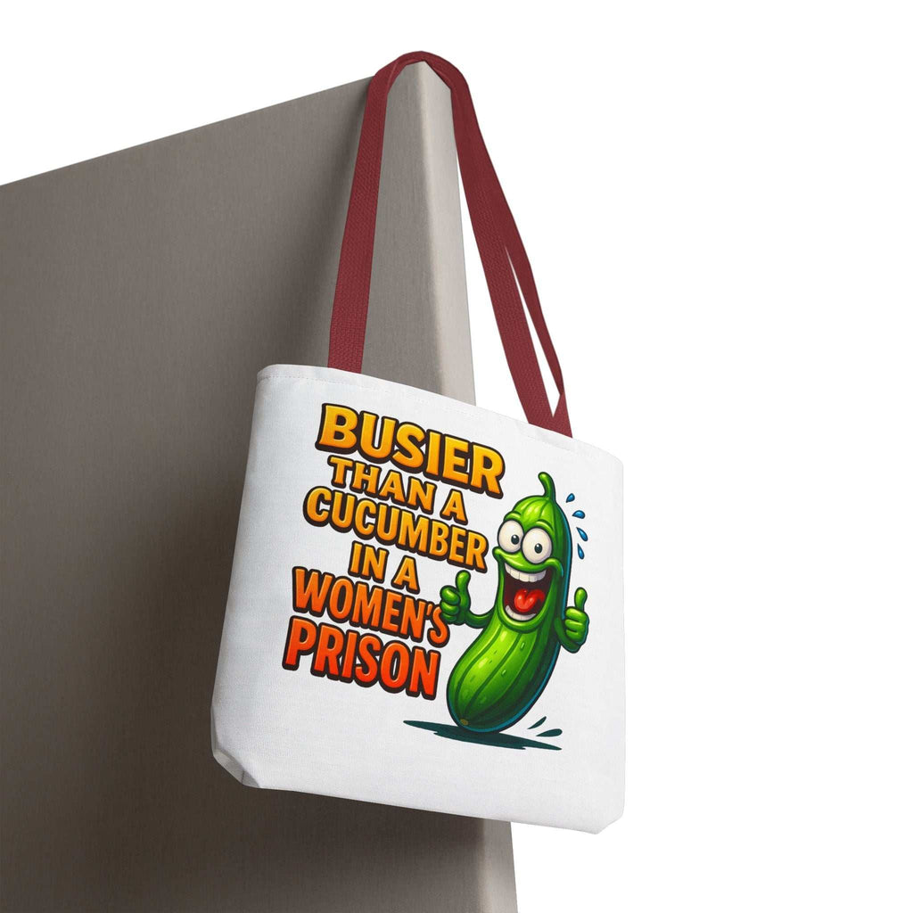 Busier Than a Cucumber Tote Bag with cheeky design, durable spun polyester, multiple sizes, and colorful handles for daily use