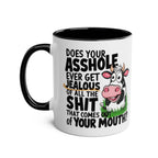 Cheeky Rude Ceramic Two Tone Mug with fun cow design and humorous text, available in black or red, 11oz, glossy finish.