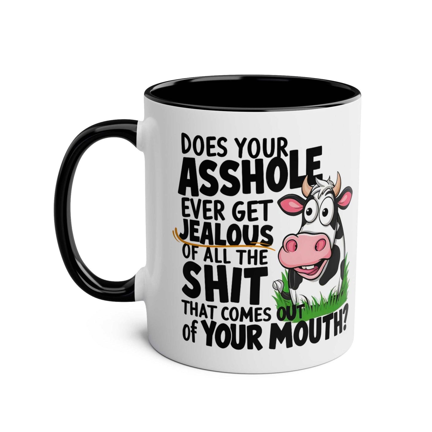 Cheeky Rude Ceramic Two Tone Mug with fun cow design and humorous text, available in black or red, 11oz, glossy finish.