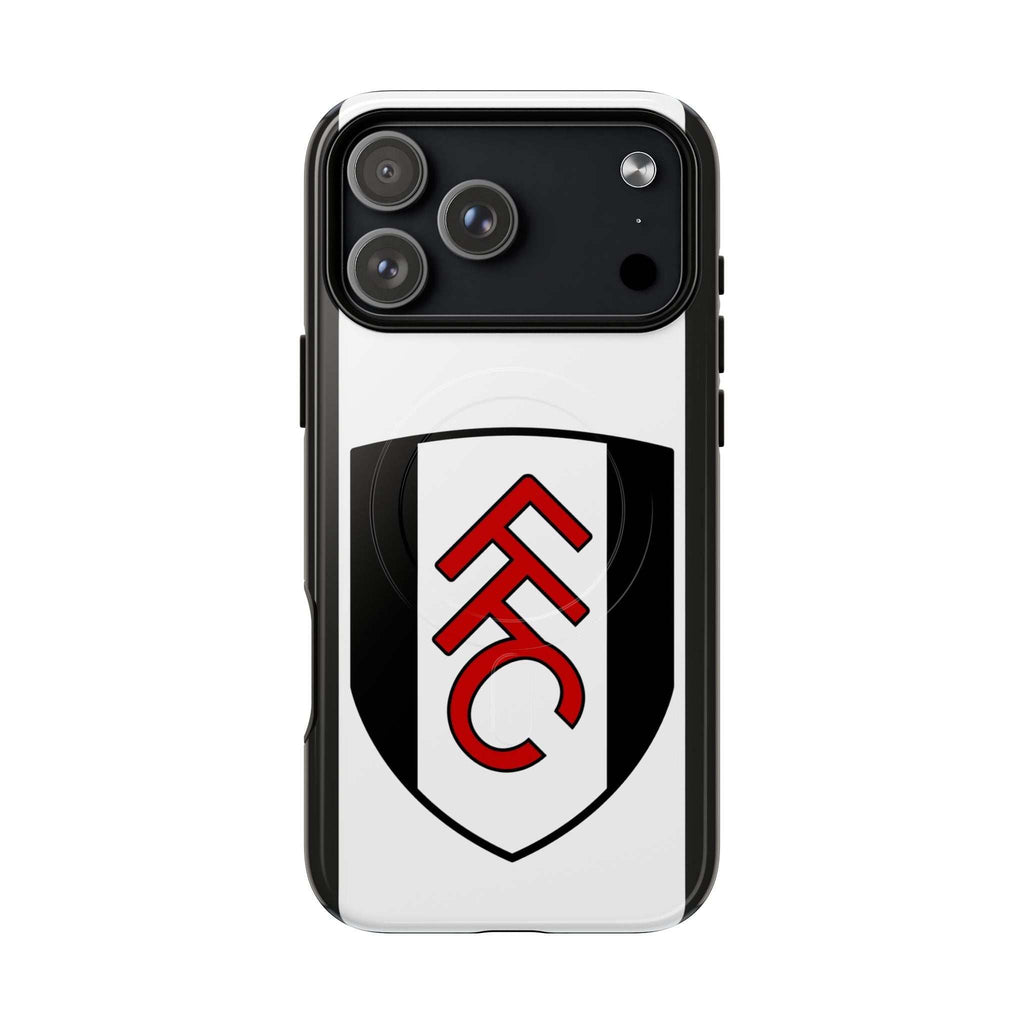 Fulham FC MagSafe iPhone case with club crest, black and white design, dual-layer protection, and MagSafe compatibility