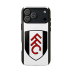 Fulham FC MagSafe iPhone case with club crest, black and white design, dual-layer protection, and MagSafe compatibility
