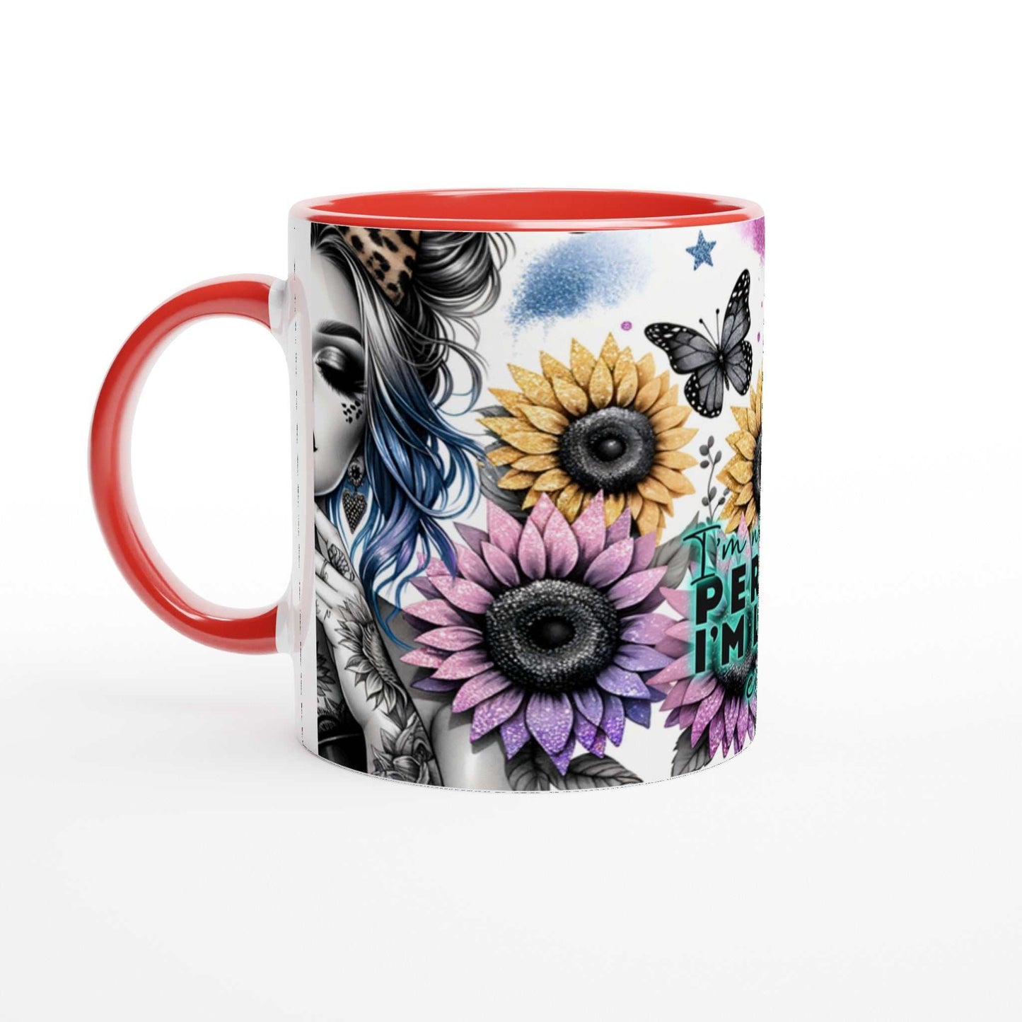 "I'm Not Perfect" motivational coffee mug with colorful design and glossy finish.