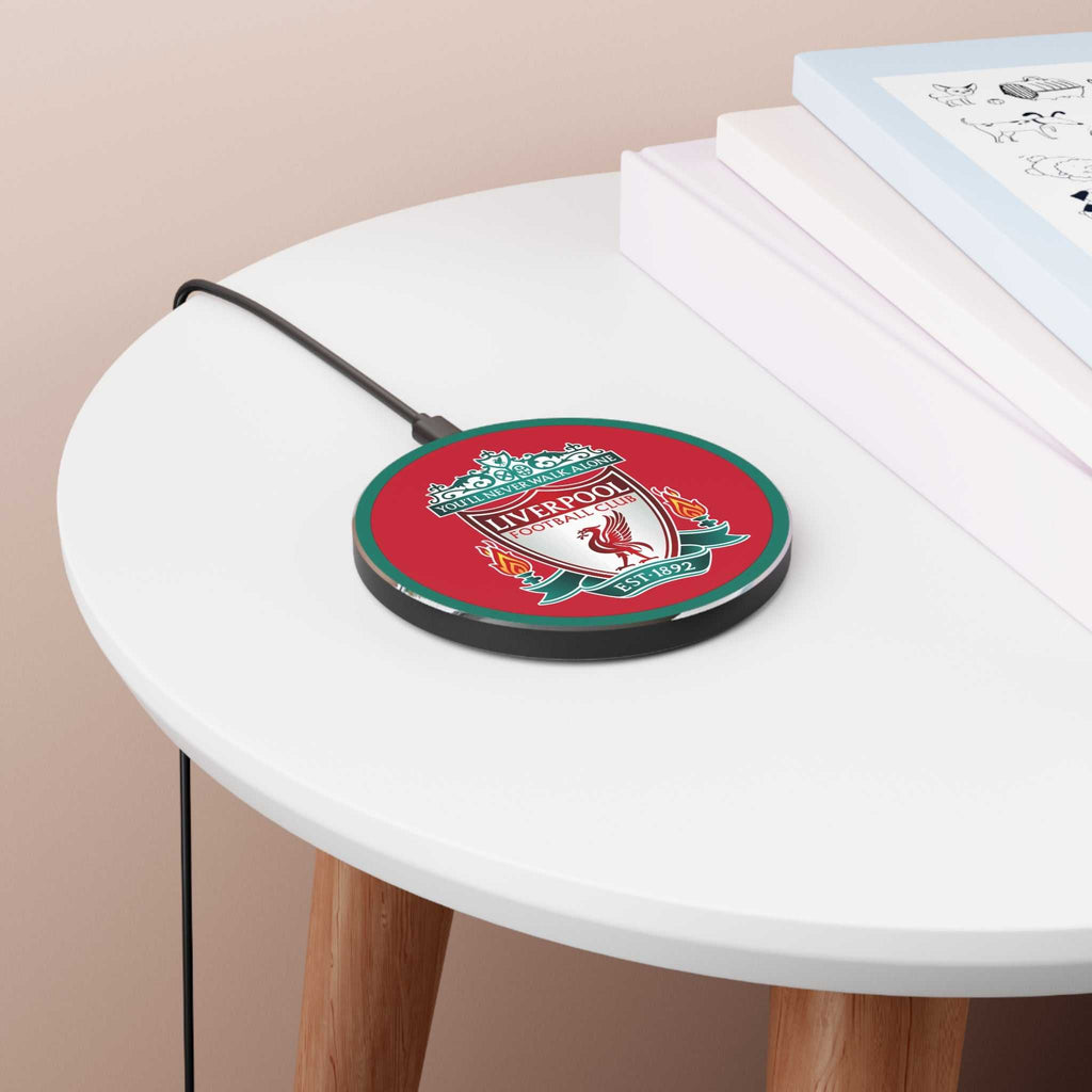Liverpool FC Wireless Charger with red design, club crest, 10W fast charging, and durable aluminium casing for Qi-enabled phones