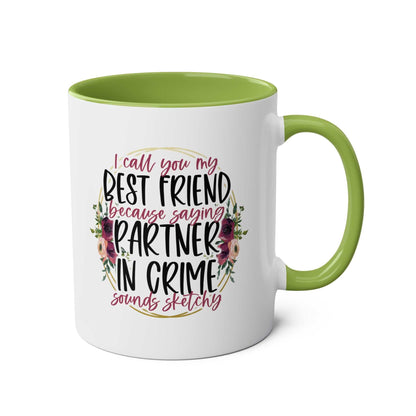 Partner in Crime Coffee Mug with humorous text and green interior, ideal for fun mornings.